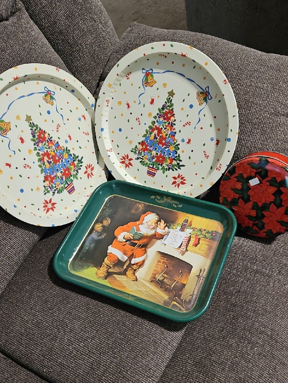 Vintage Holiday Metal Serving Trays - Christmas Tree & Santa Designs